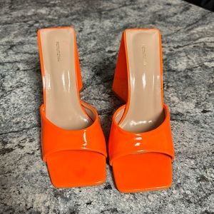 Orange High Block Heel Mules